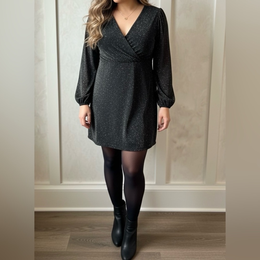 Black Silver Glitter Wrap Mini Dress Holiday Party SHEIN Curve 2XL